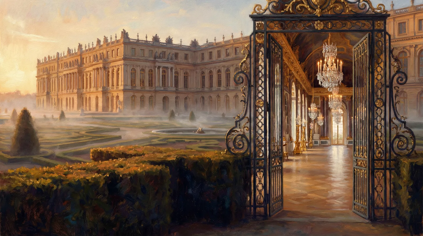 巅峰国际凡尔赛宫殿晨雾中的宏伟法式园林与镜厅